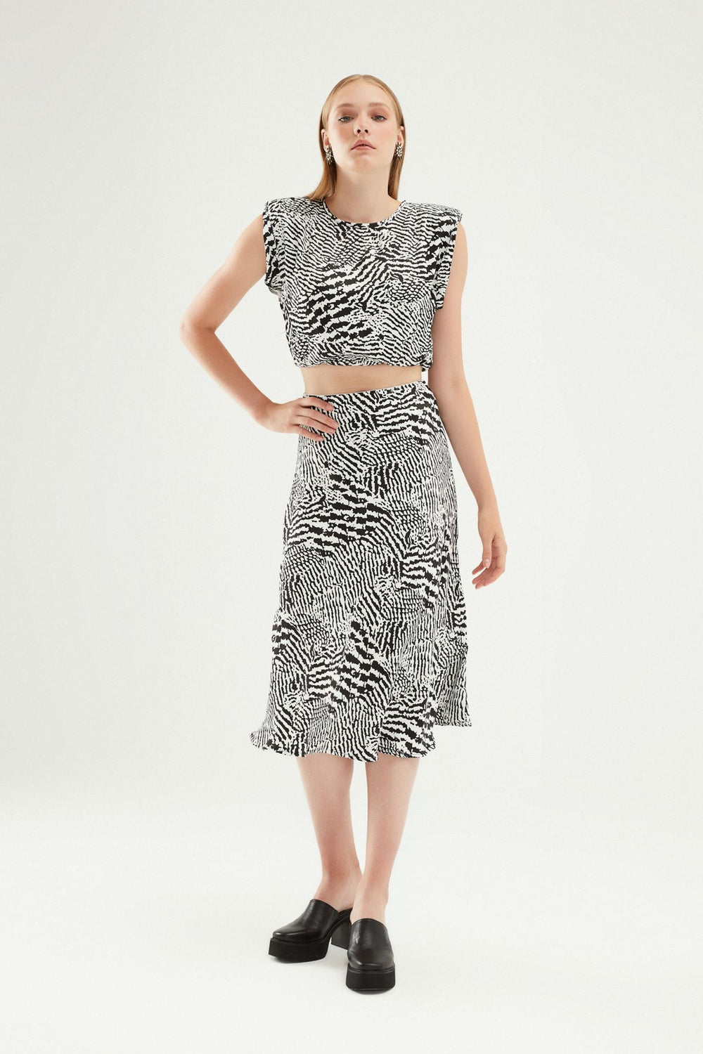 Zebra Satin Midi Skirt Black