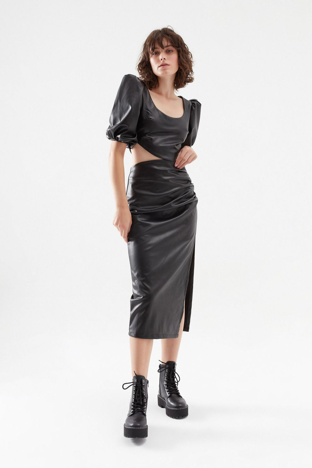 Pleated Leather Midi Skirt Black