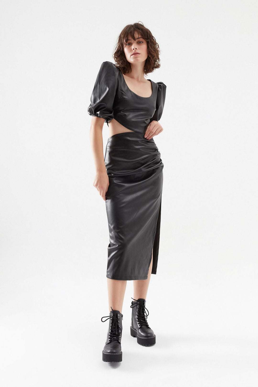 Pleated Leather Midi Skirt Black