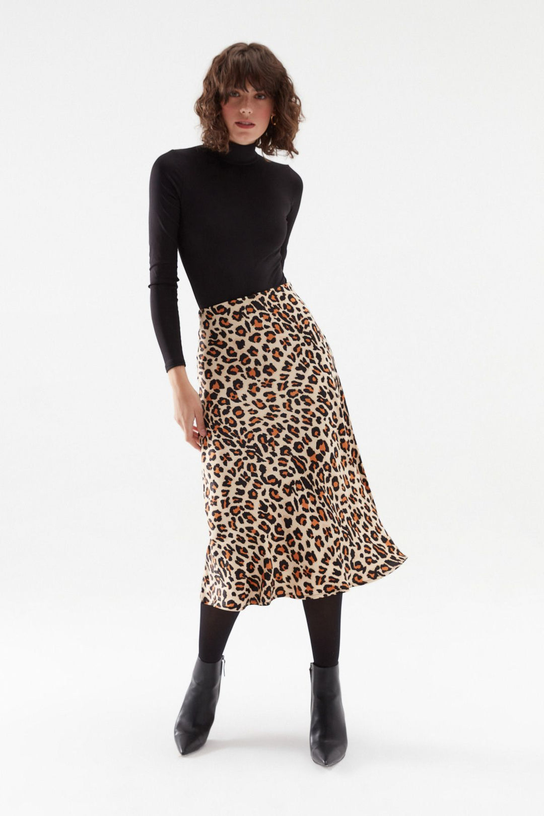 Leopard Satin Midi Skirt Beige