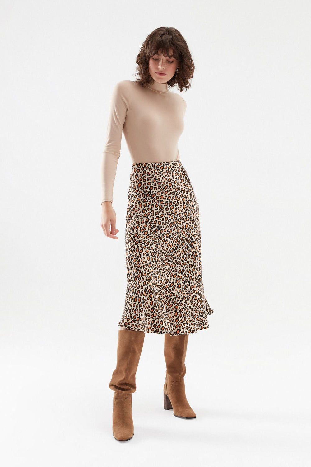 Leopard Satin Midi Skirt Beige