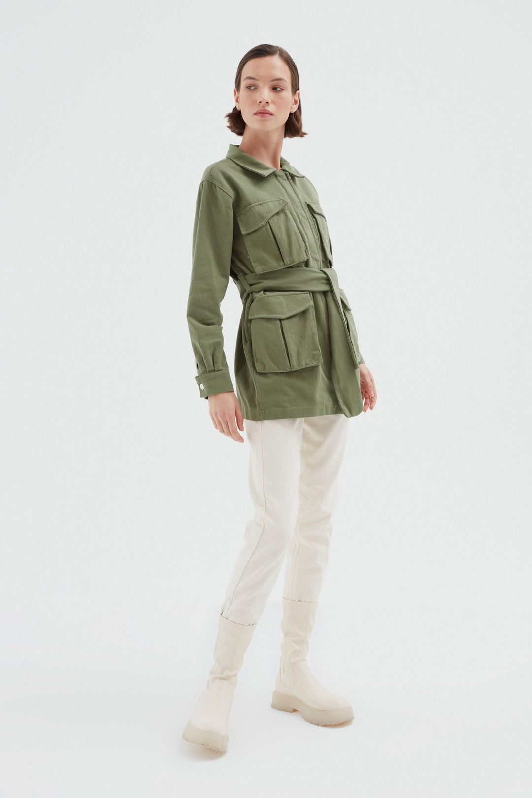 Belted Pocket Long Jacket Khaki