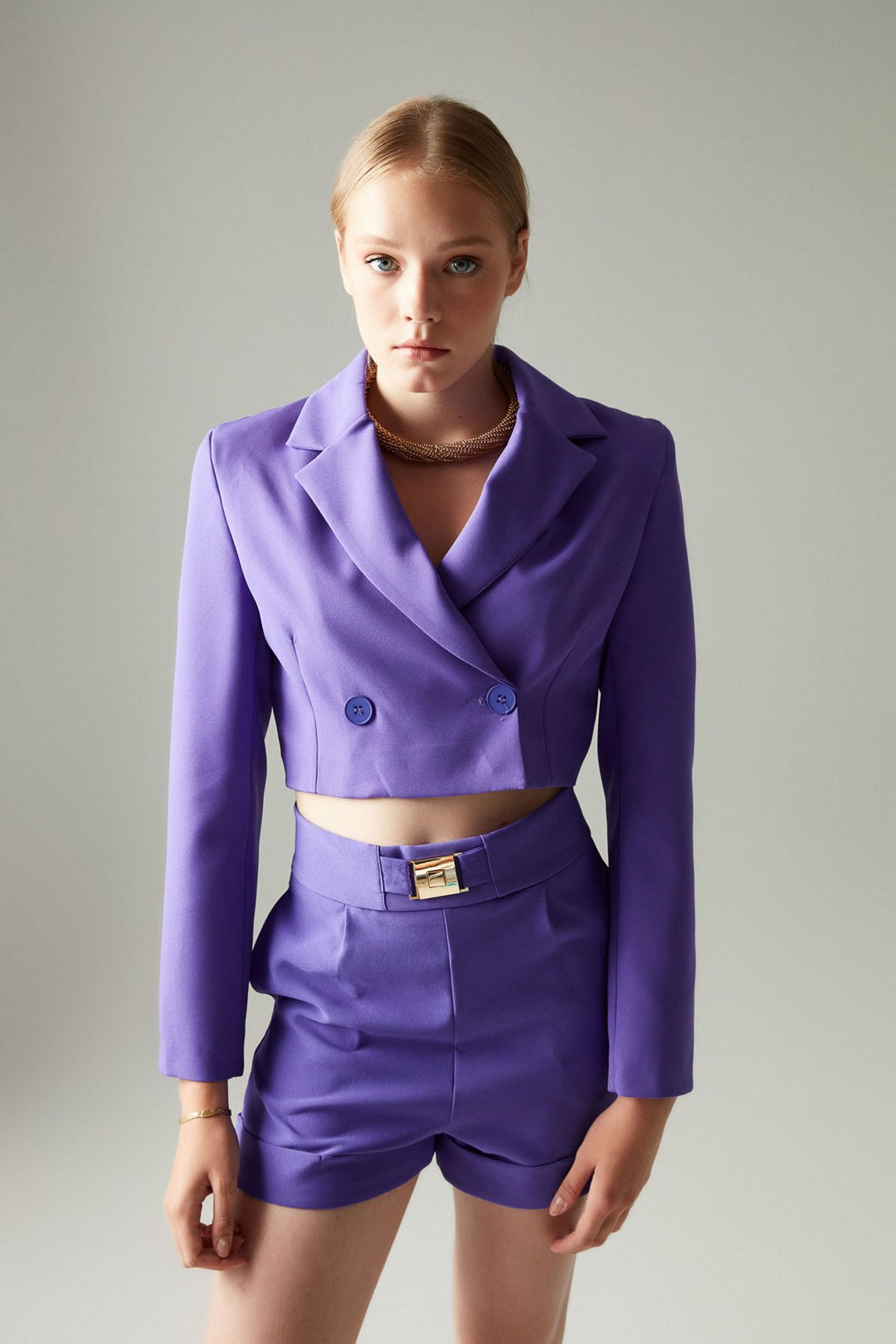Double Breasted Crop Blazer Jacket Purple