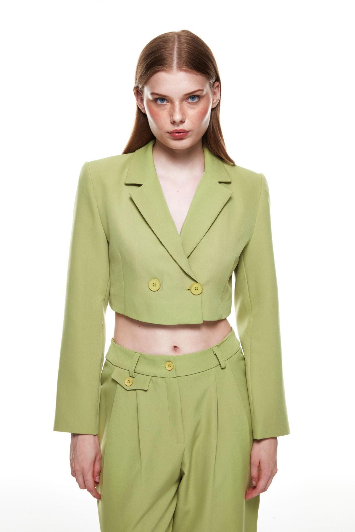 Double Breasted Crop Blazer Jacket Olive