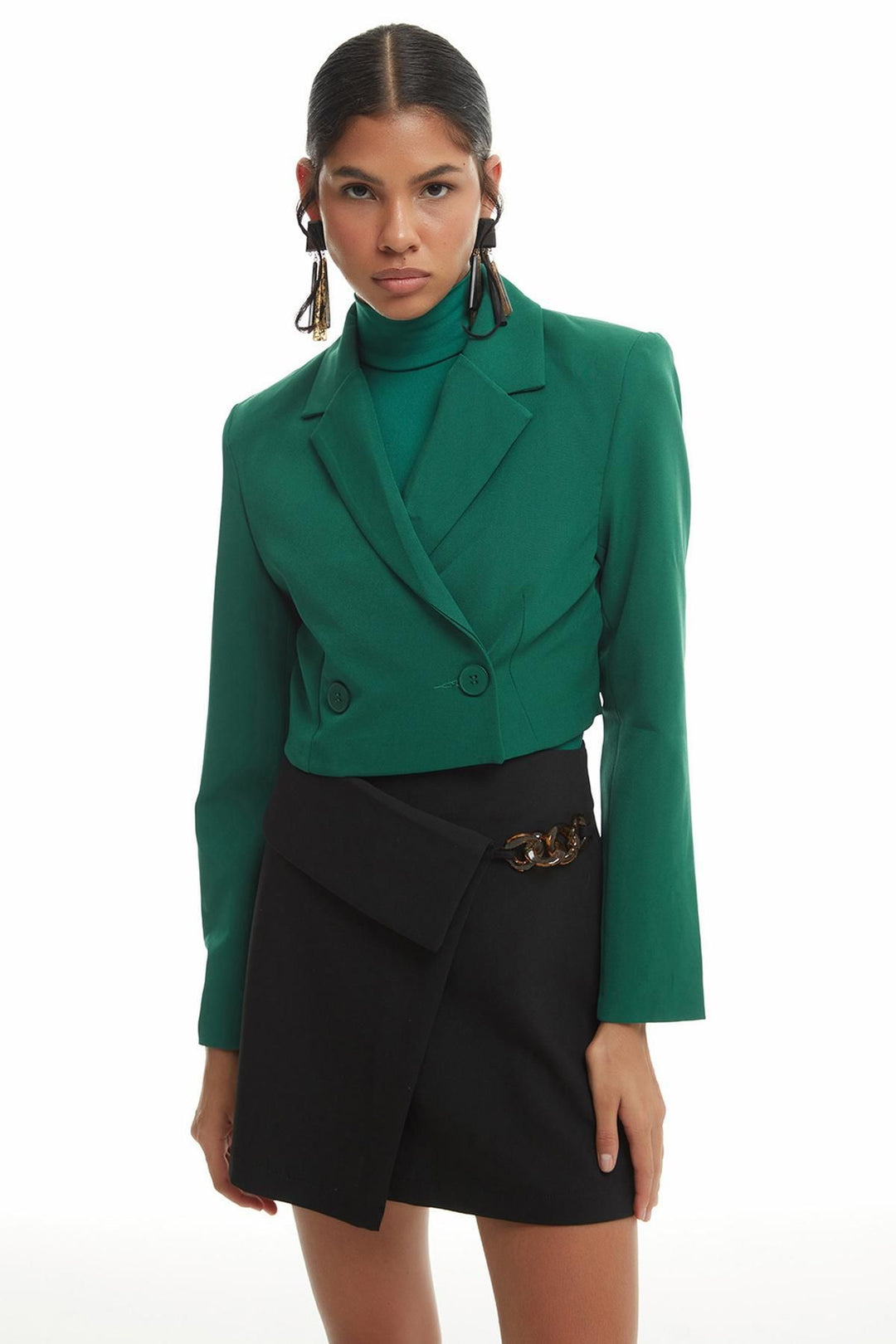 Double Breasted Crop Blazer Jacket Dark Green
