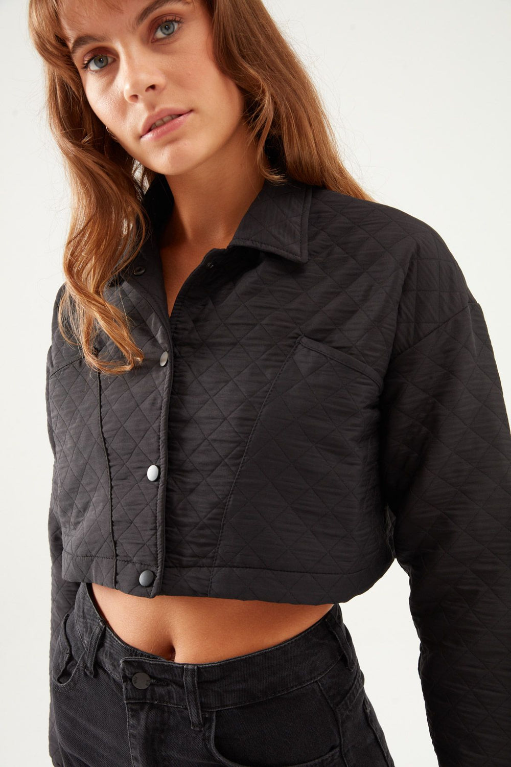 Kapitone Crop Ceket Siyah