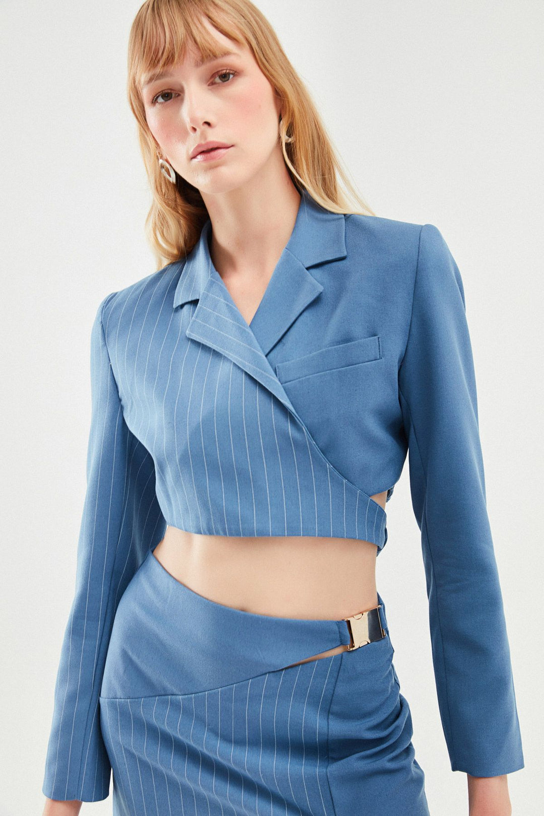 Belted Crop Blazer Jacket Blue