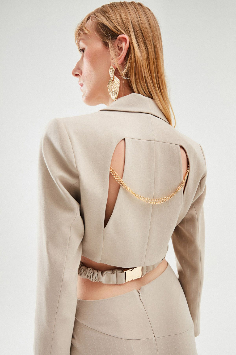 Belted Crop Blazer Jacket Stone