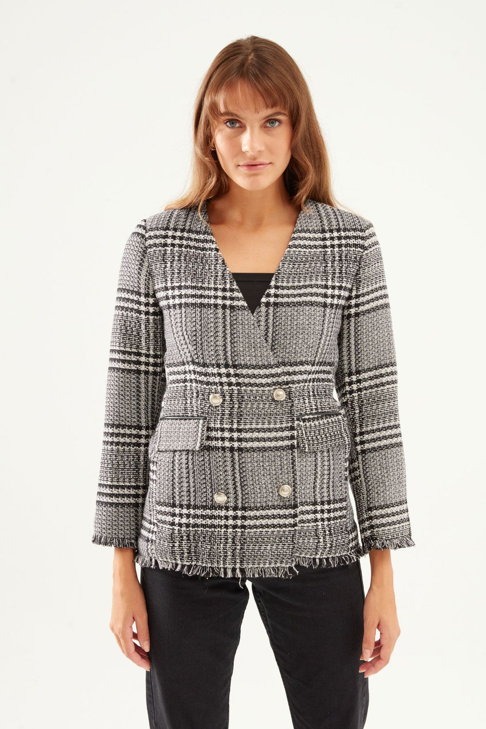 Striped Tweed Blazer Jacket Black
