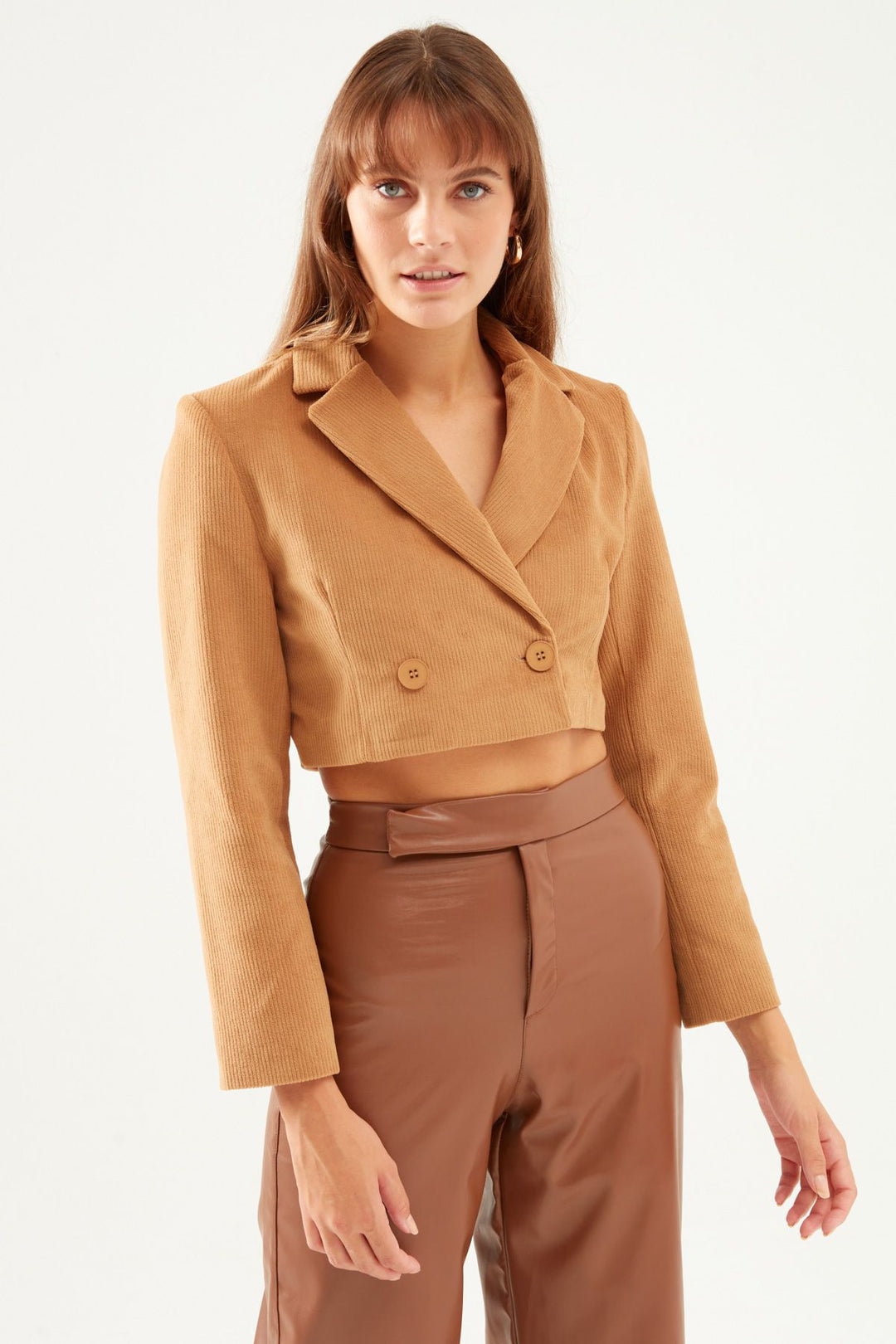 Velvet Crop Blazer Jacket Camel