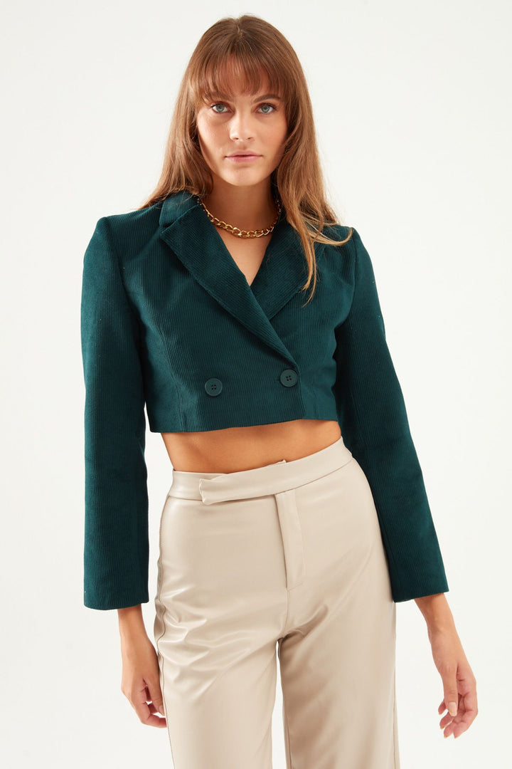 Velvet Crop Blazer Jacket Dark Green