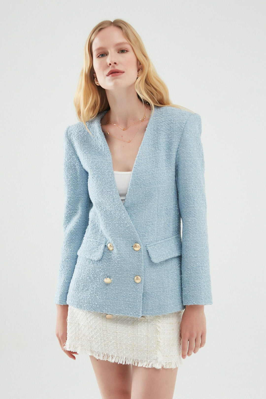 Double Breasted Tweed Blazer Jacket Blue