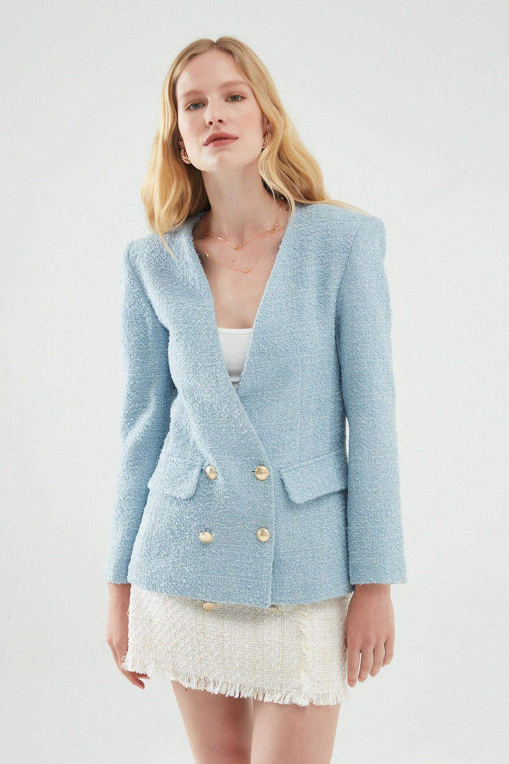 Double Breasted Tweed Blazer Jacket Blue