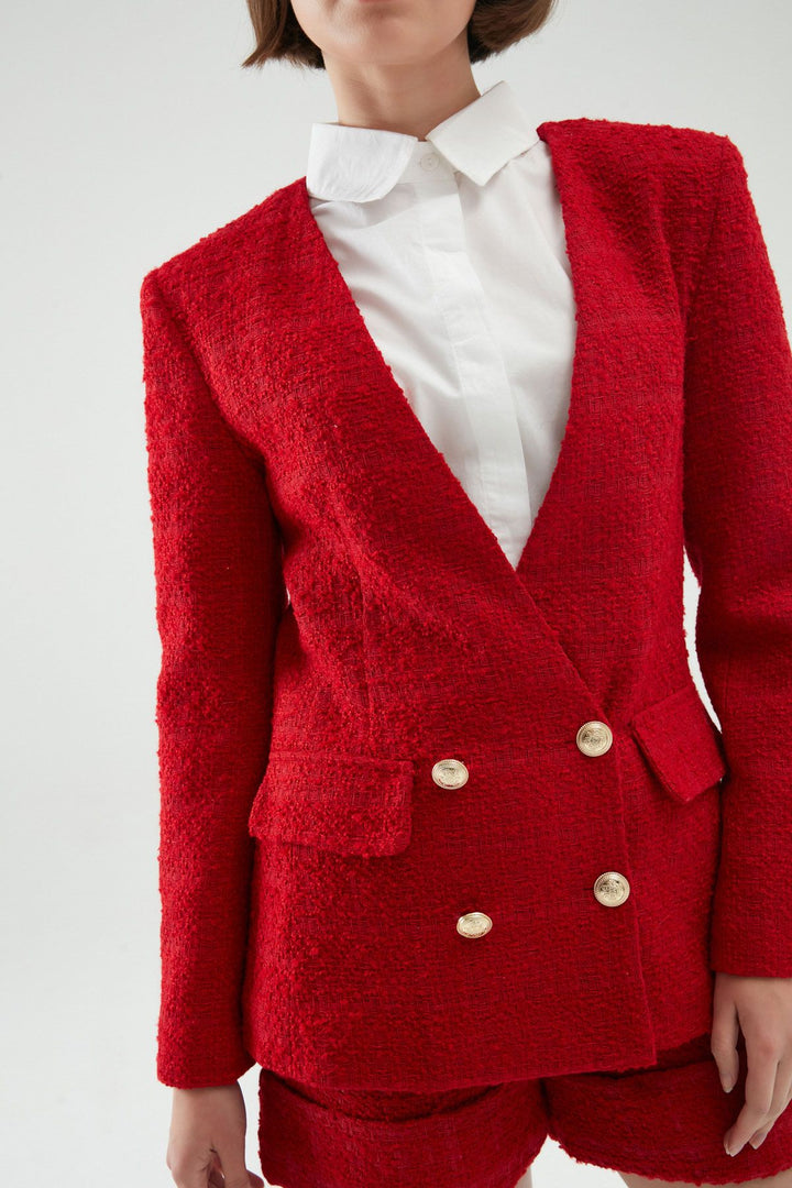 Double Breasted Tweed Blazer Jacket Red