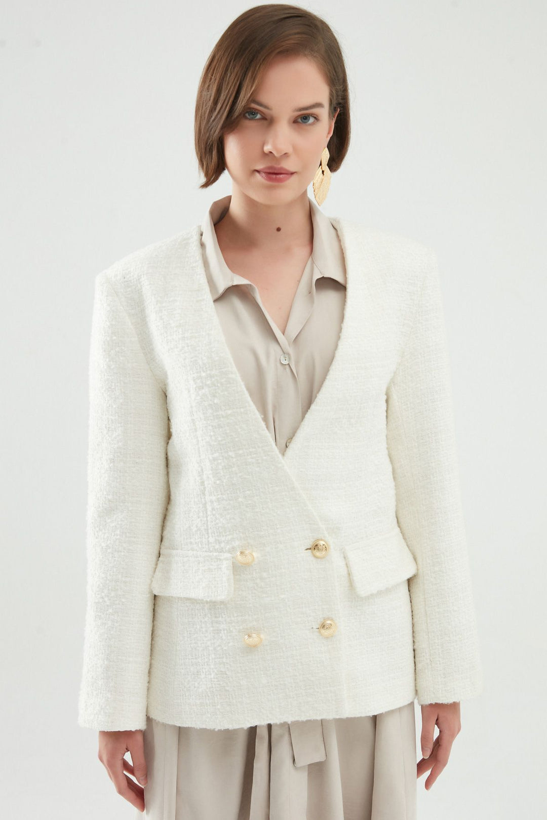 Double Breasted Tweed Blazer Jacket White
