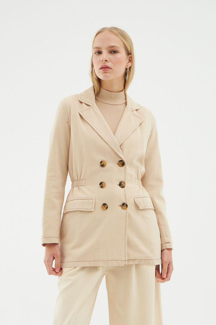 Büzgü Detaylı Kruvaze Ceket Taş