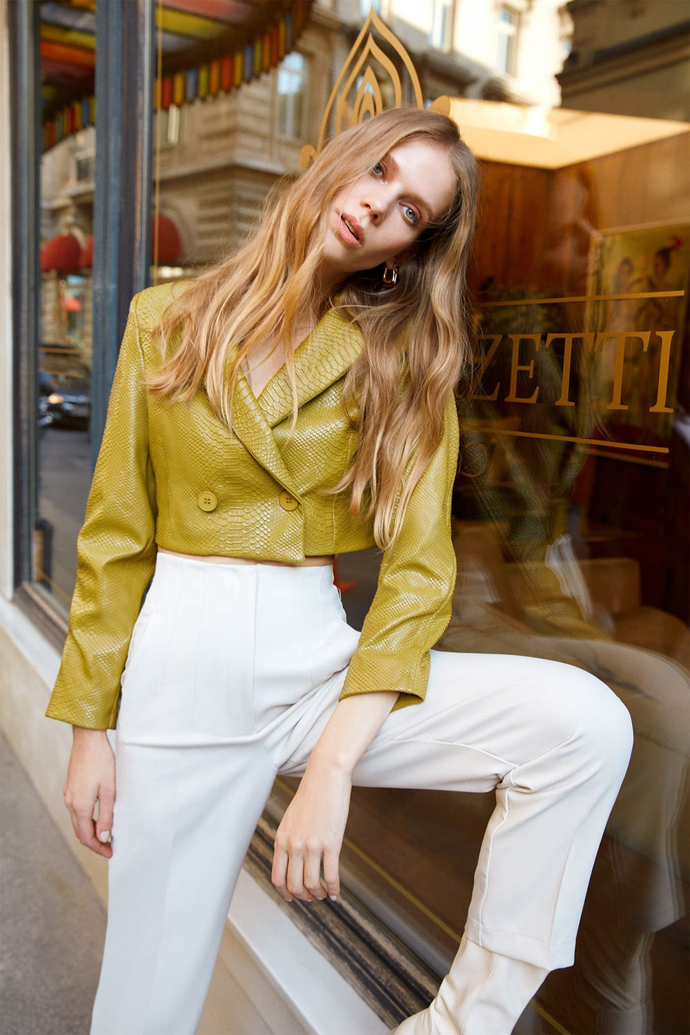 Leather Crop Blazer Jacket Olive