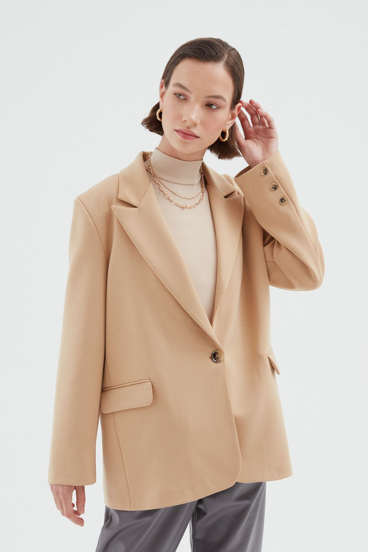 Tek Düğmeli Blazer Ceket Bej
