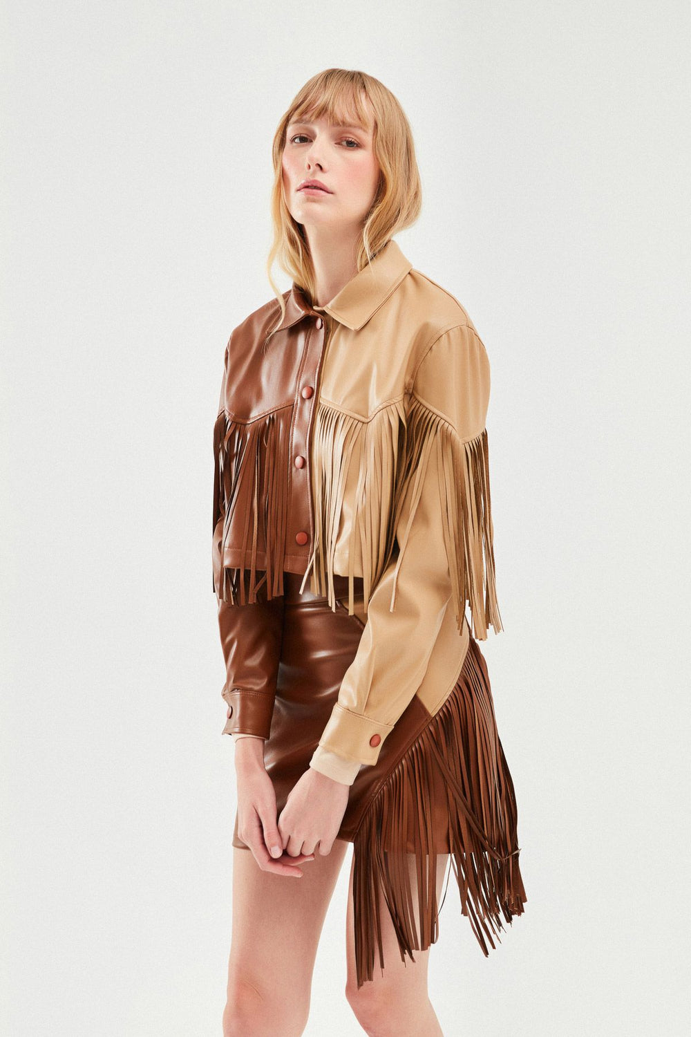 Two Color Tasseled Leather Jacket Brown