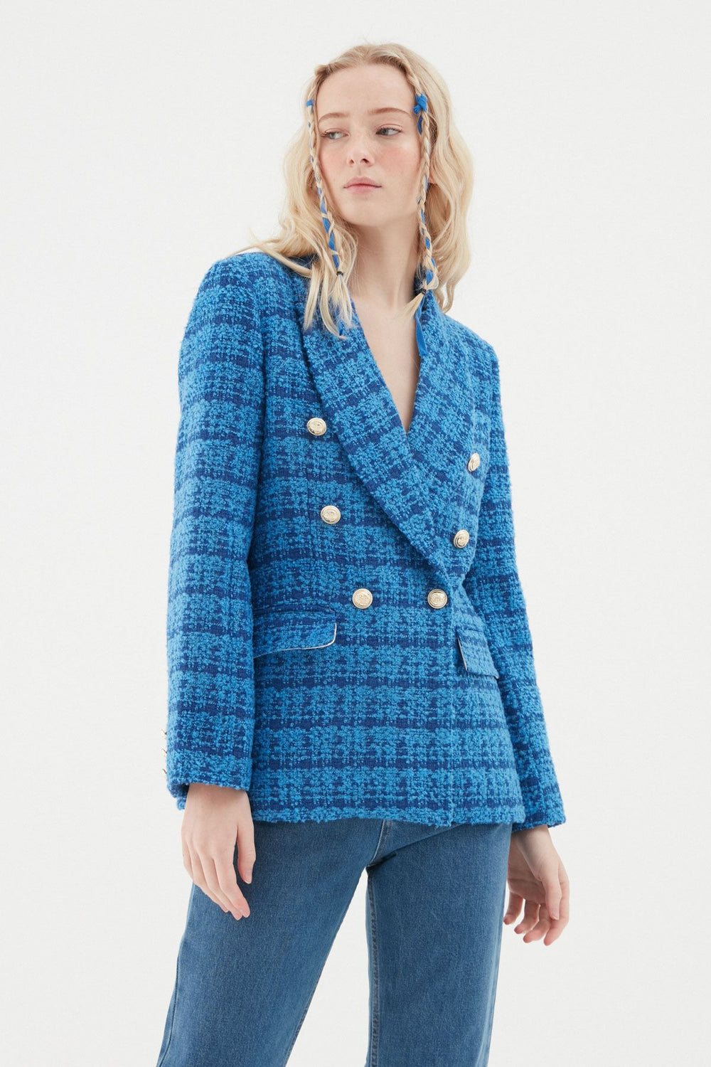 Kruvaze Tüvit Blazer Ceket Sax