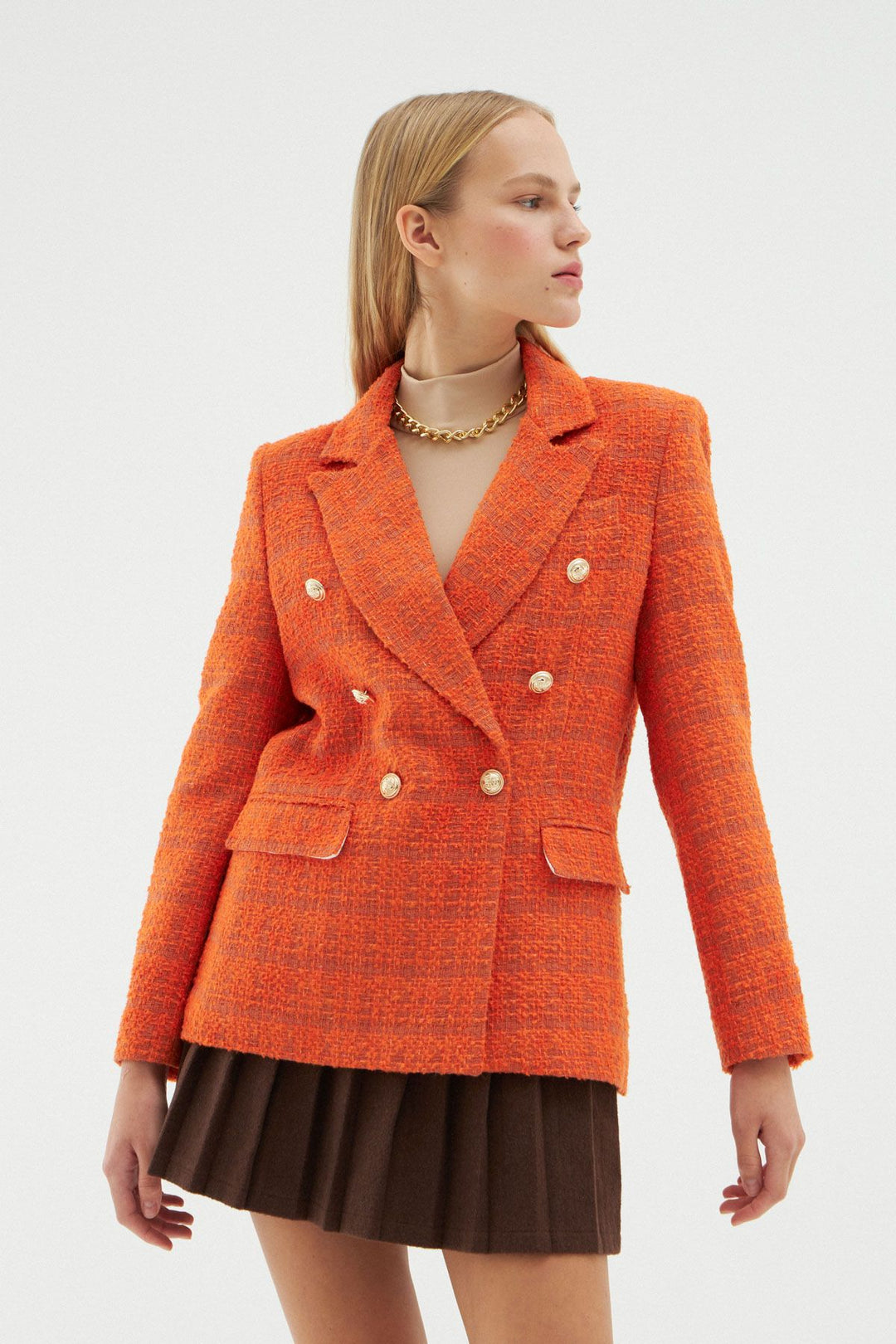 Kruvaze Tüvit Blazer Ceket Turuncu