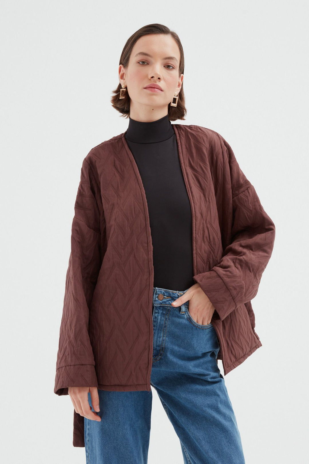 Bağlamalı Kapitone Ceket Kahverengi