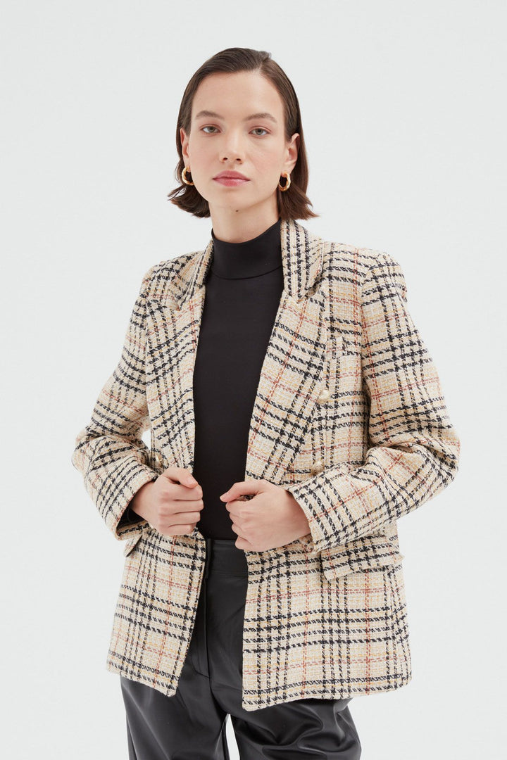 Çizgili Kruvaze Blazer Ceket Bej
