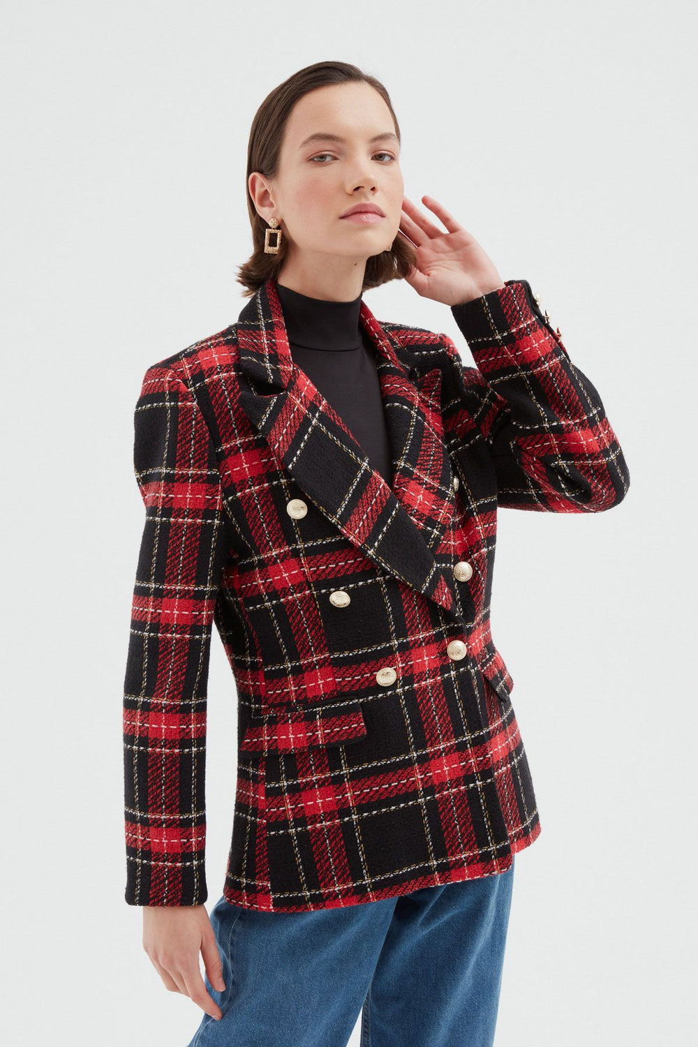 Ekose Kruvaze Blazer Ceket Kırmızı