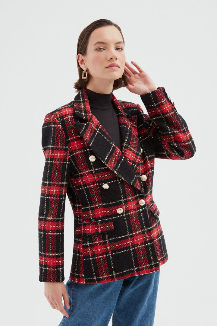 Ekose Kruvaze Blazer Ceket Kırmızı