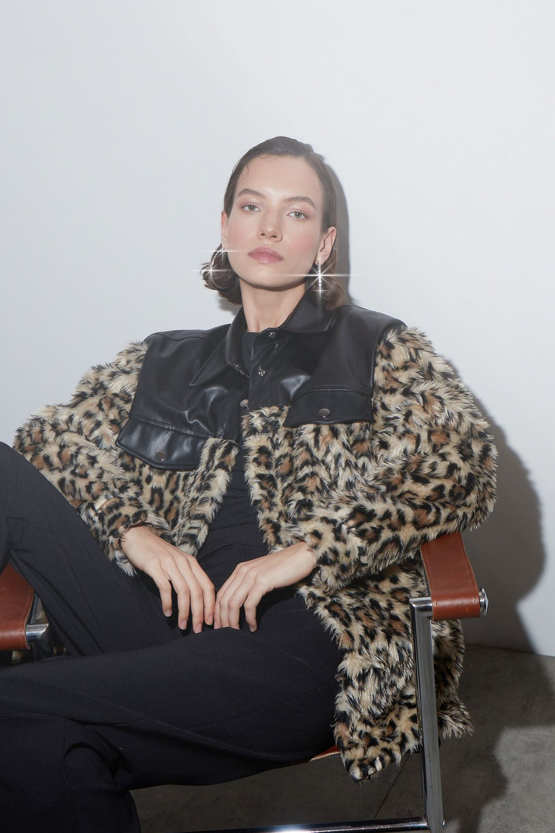 Deri Detaylı Kürk Ceket Kahverengi