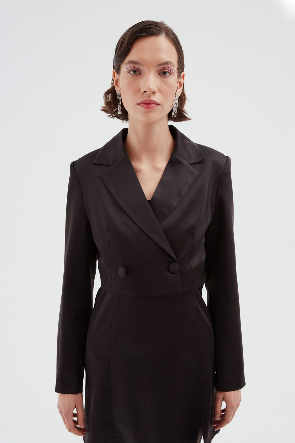 Crop Saten Blazer Ceket Siyah