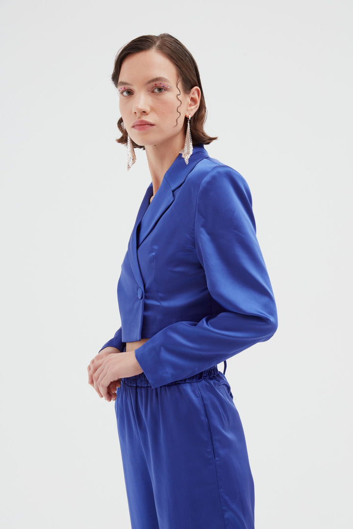 Crop Saten Blazer Ceket Sax