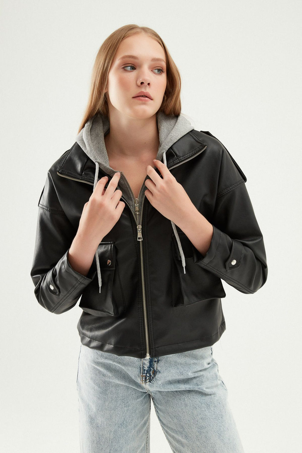 Hooded Leather Jacket Black