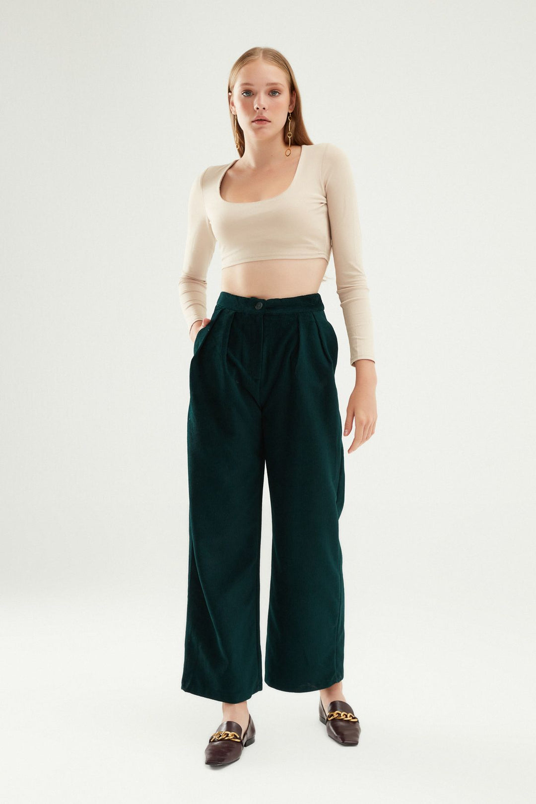Pleated Velvet Trousers Dark Green