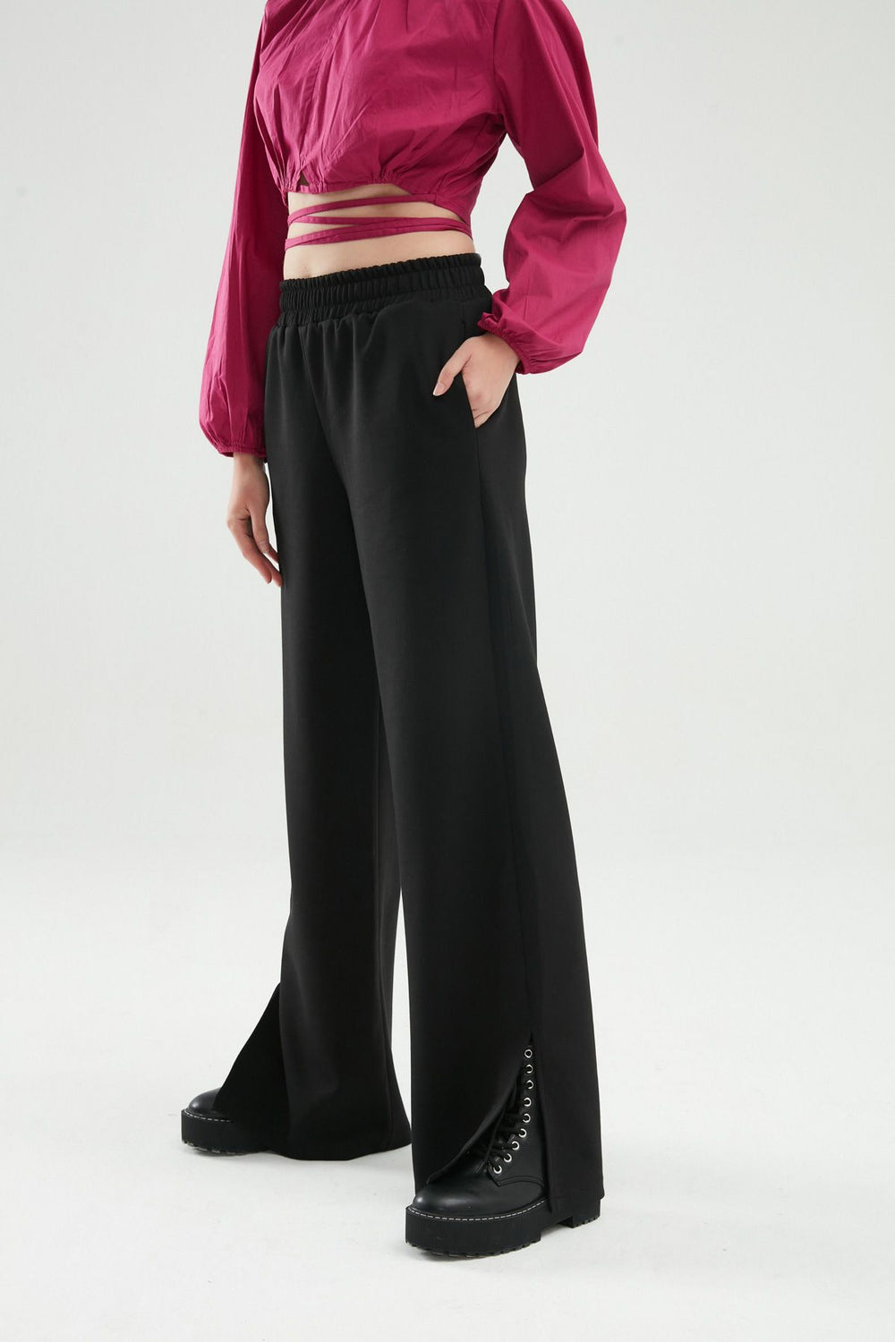 Beli Lastikli Yırtmaçlı Pantolon Siyah