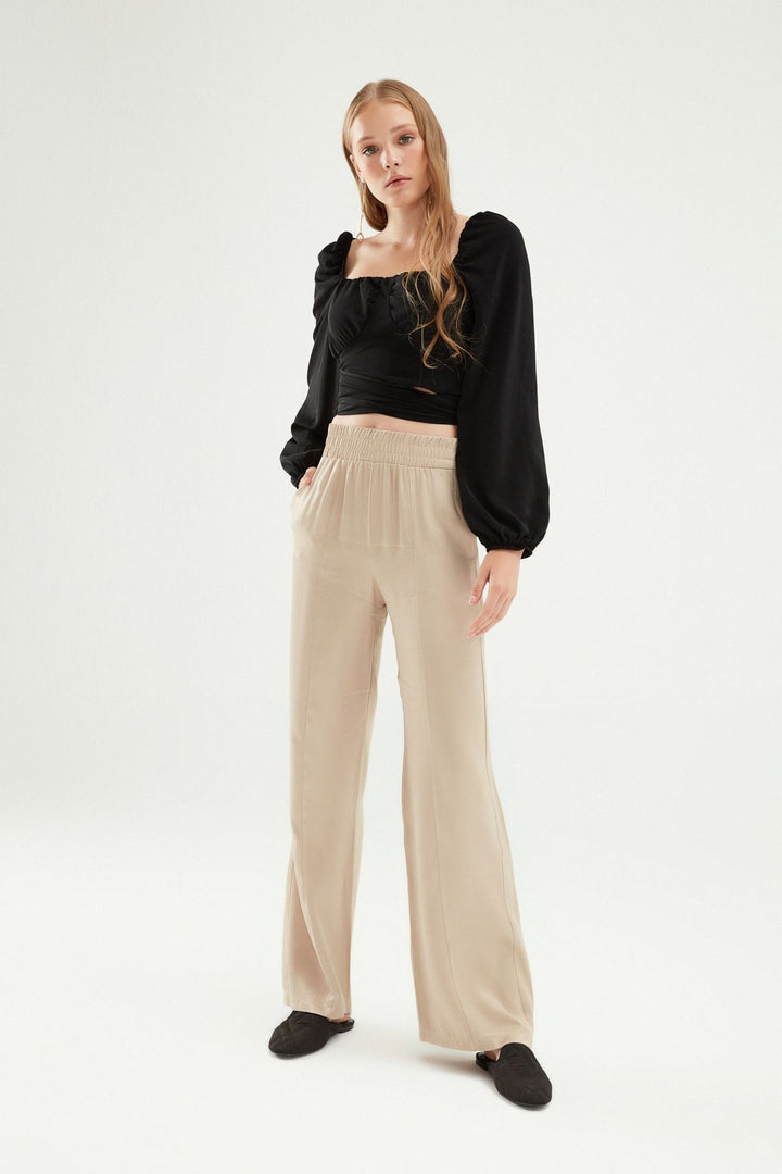 Beli Lastikli Saten Pantolon Taş