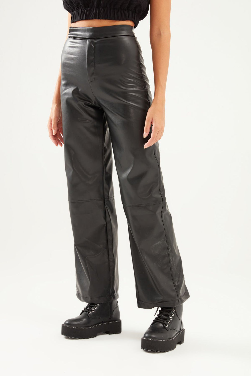Geniş Paça Deri Pantolon Siyah