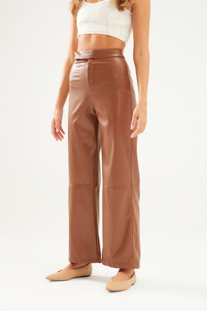 Geniş Paça Deri Pantolon Camel