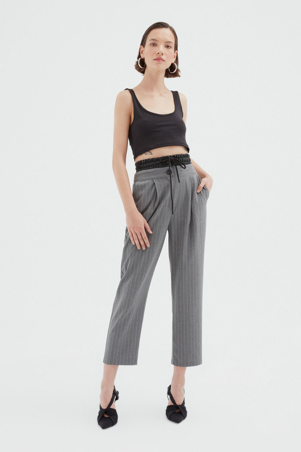 Leather Detailed Striped Trousers Dark Gray