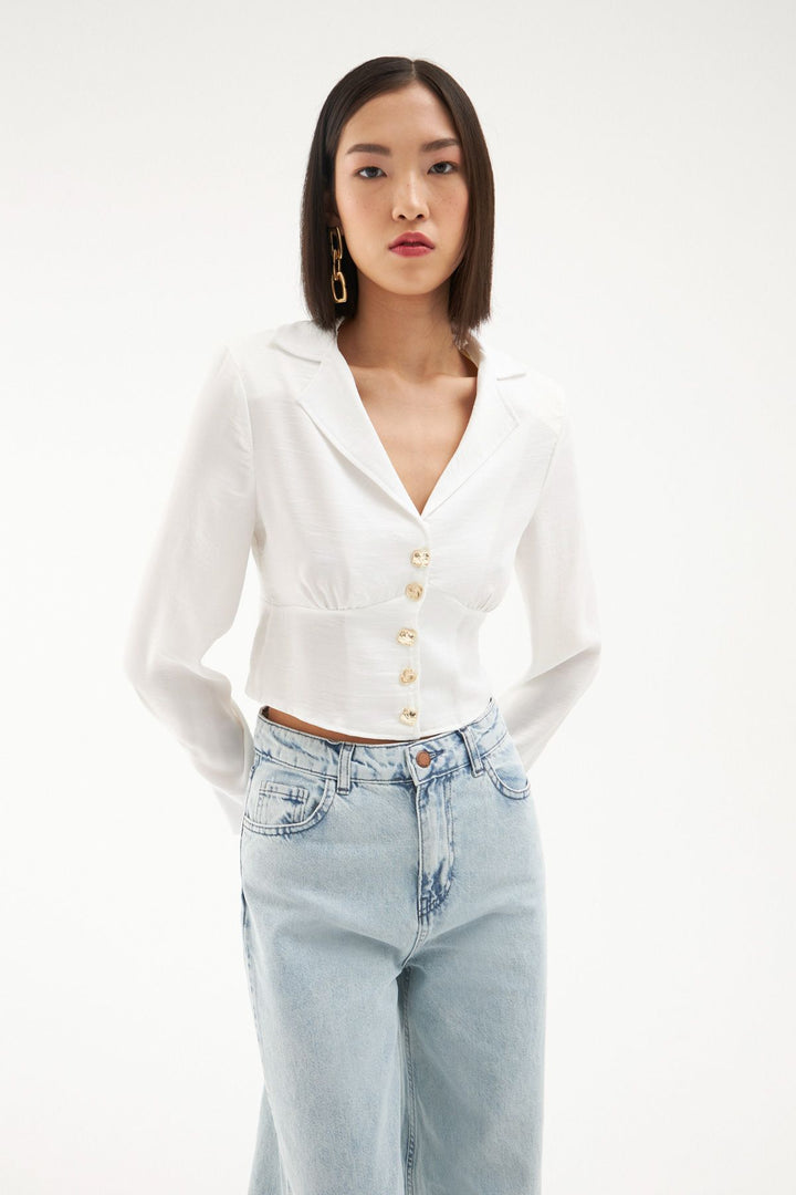 V Yaka Düğmeli Bluz Ekru