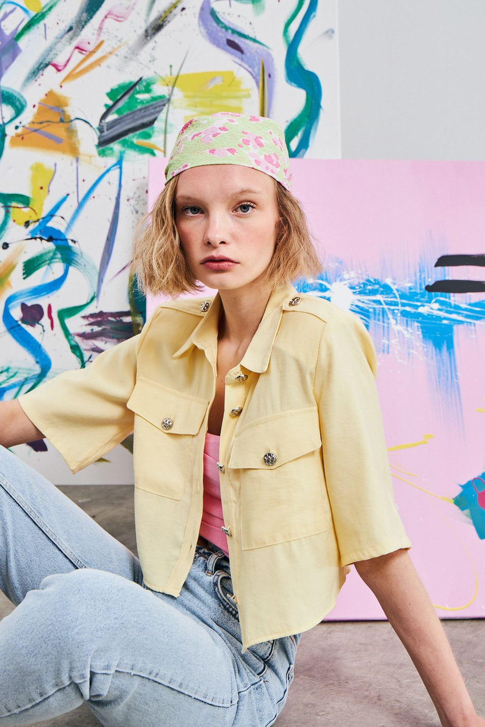 Button Detailed Crop Shirt Yellow