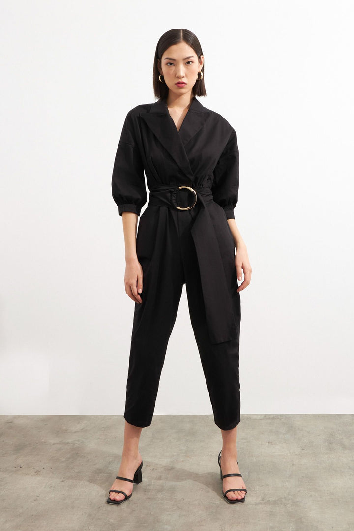Belted Waist Balloon Sleeve Jumpsuit Black