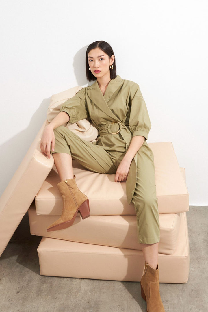 Waist Belt Balloon Sleeve Jumpsuit Khaki