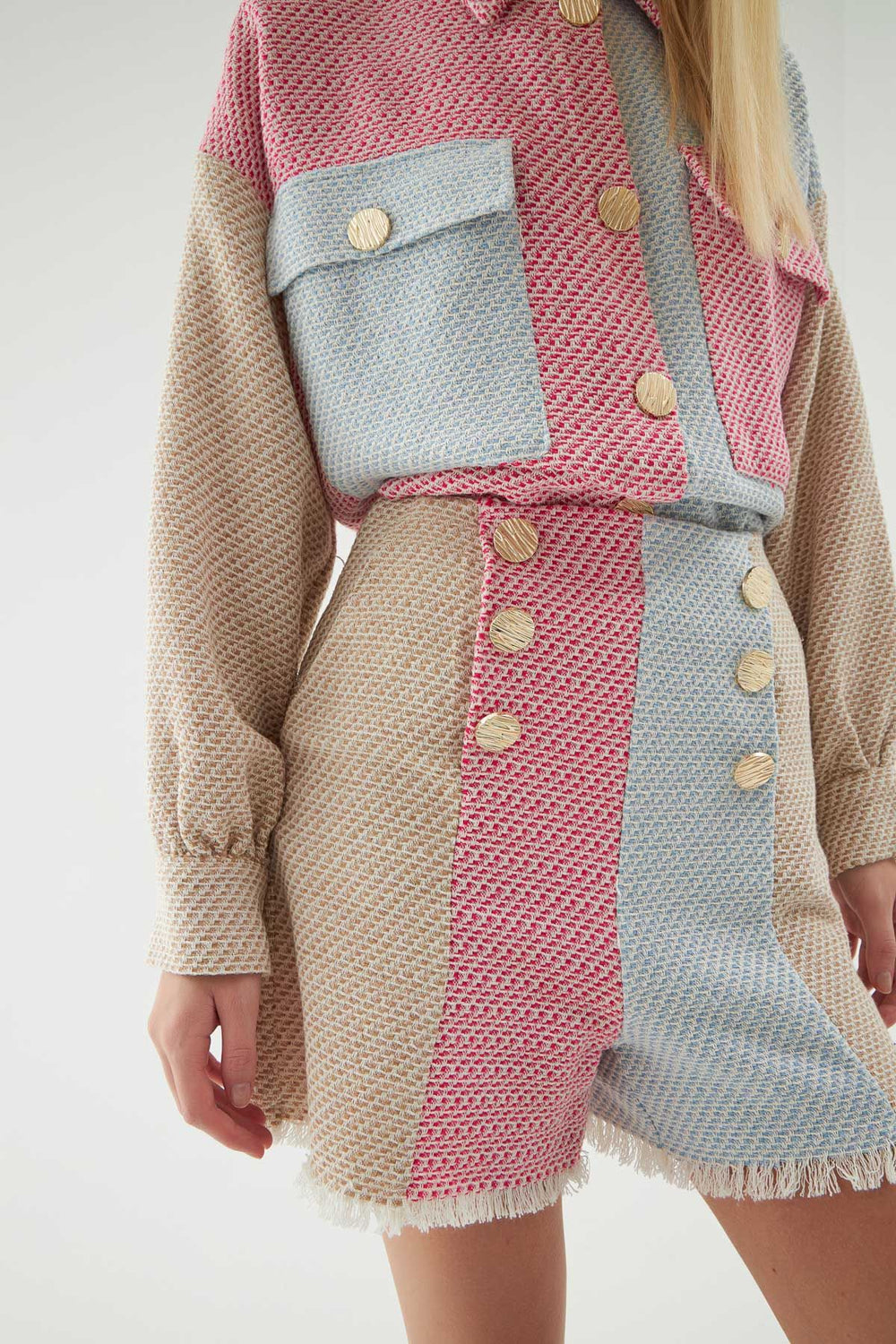 Tweed Buttoned Shorts Beige