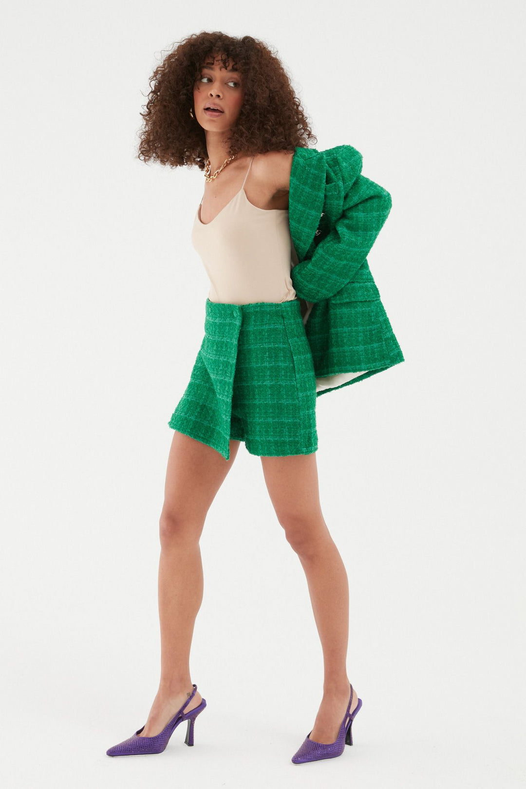 Tweed Patterned Mini Short Skirt Green