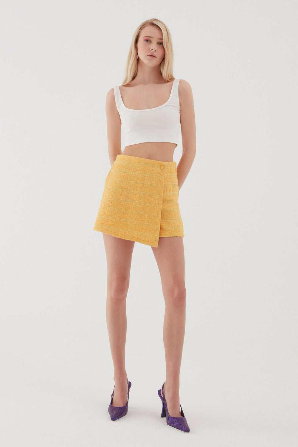 Tweed Patterned Mini Short Skirt Light Orange