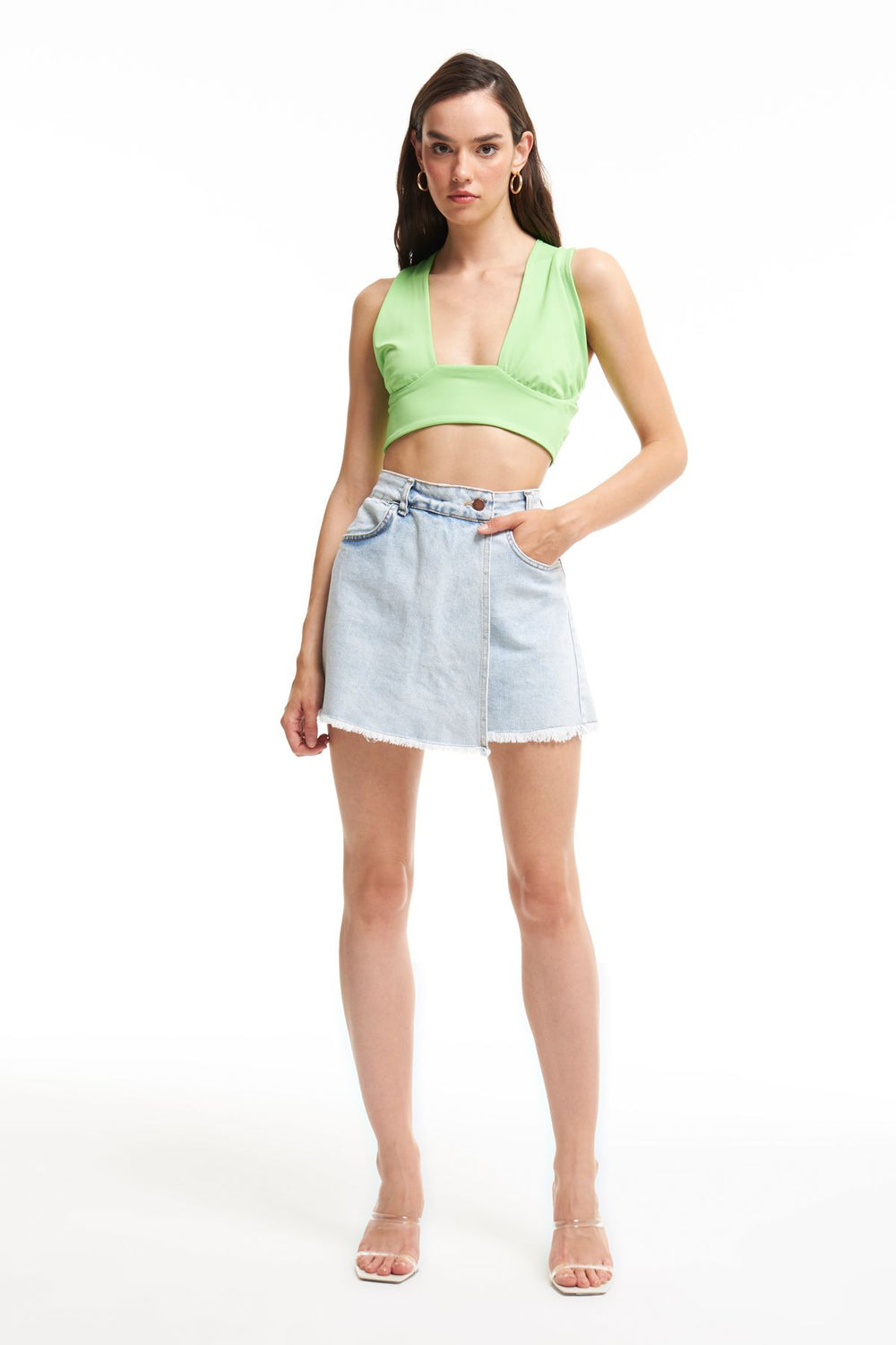 Tasseled Denim Shorts Skirt Ice Blue