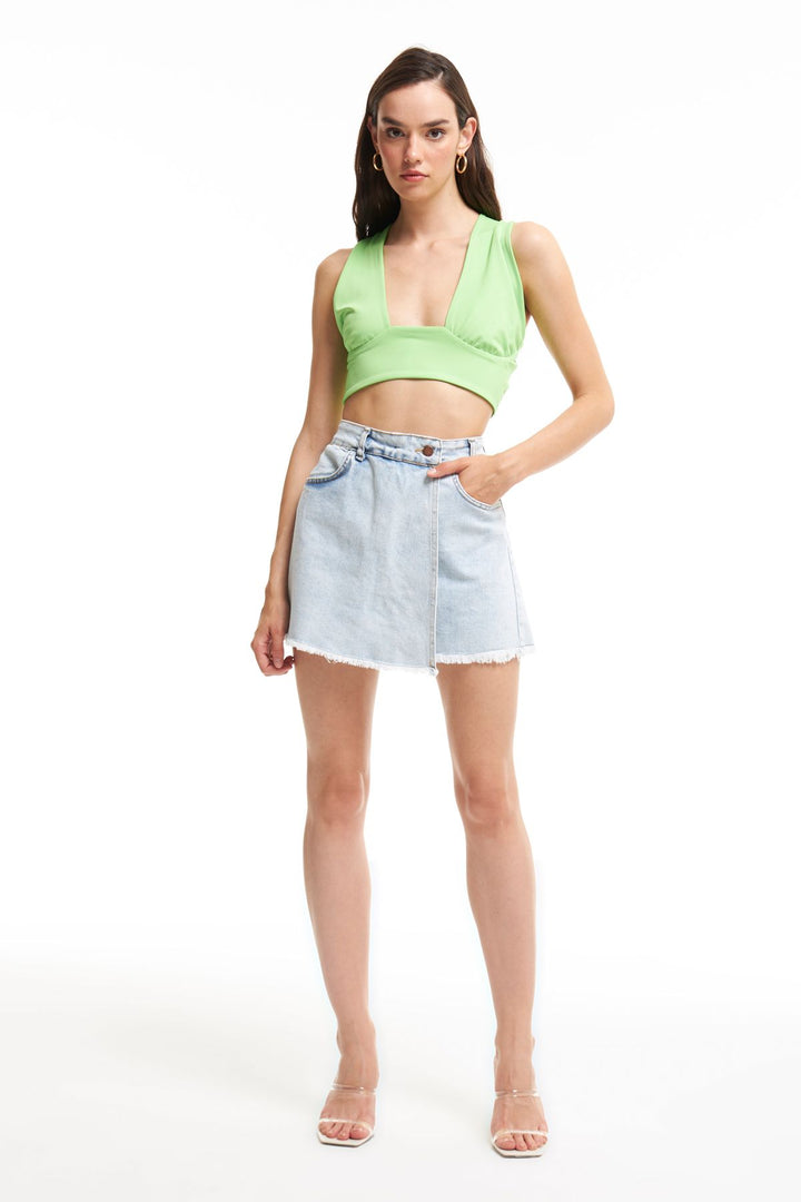 Püsküllü Kot Şort Etek Buz Mavi