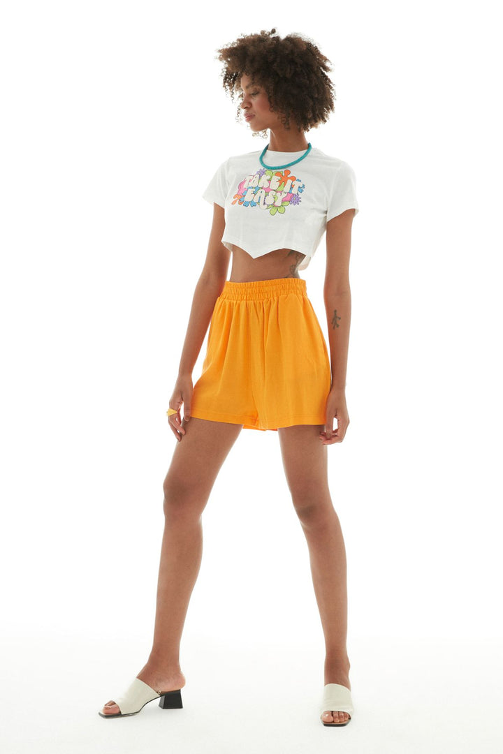 Beli Lastikli Keten Şort Turuncu