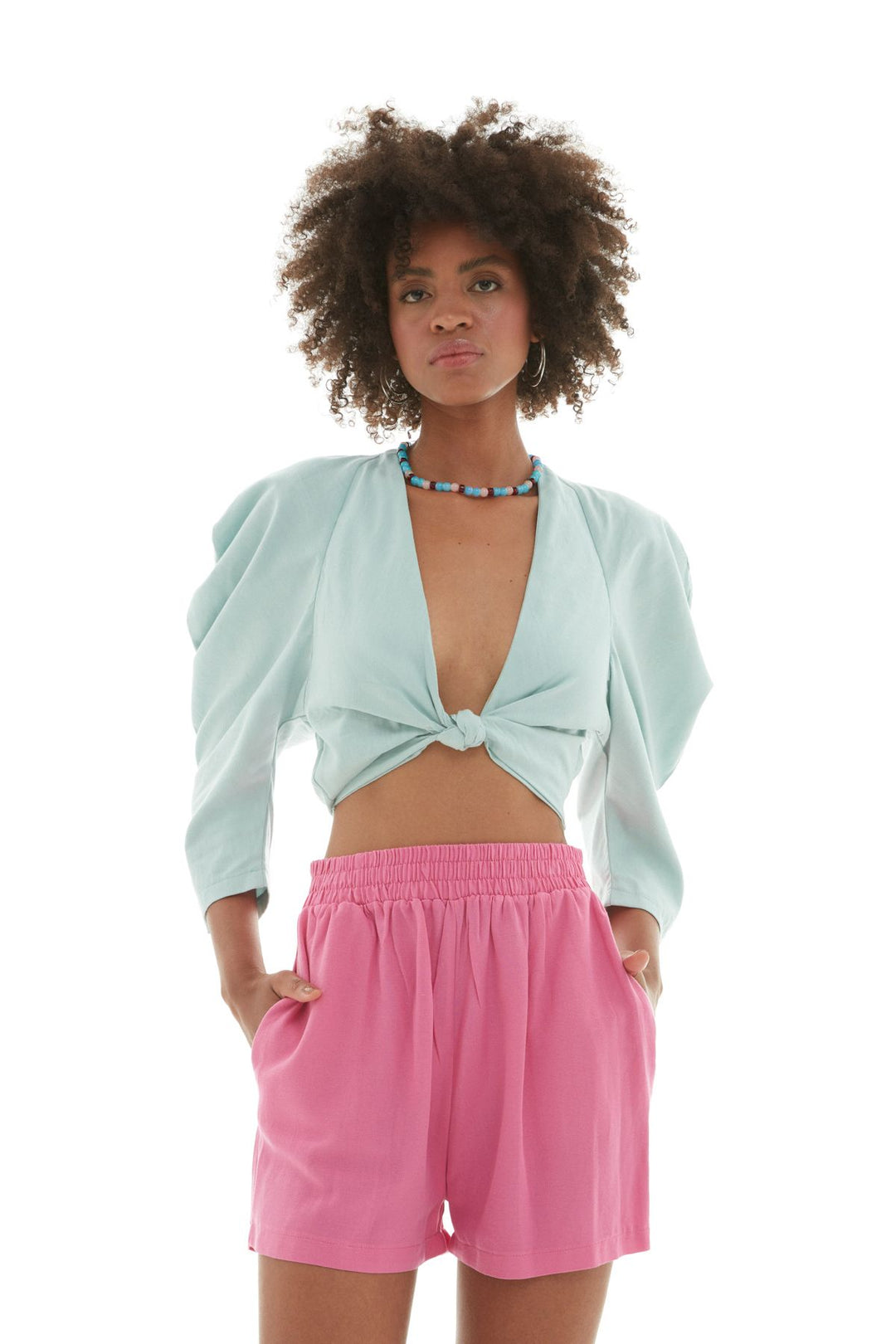 Beli Lastikli Keten Şort Şeker Pembe